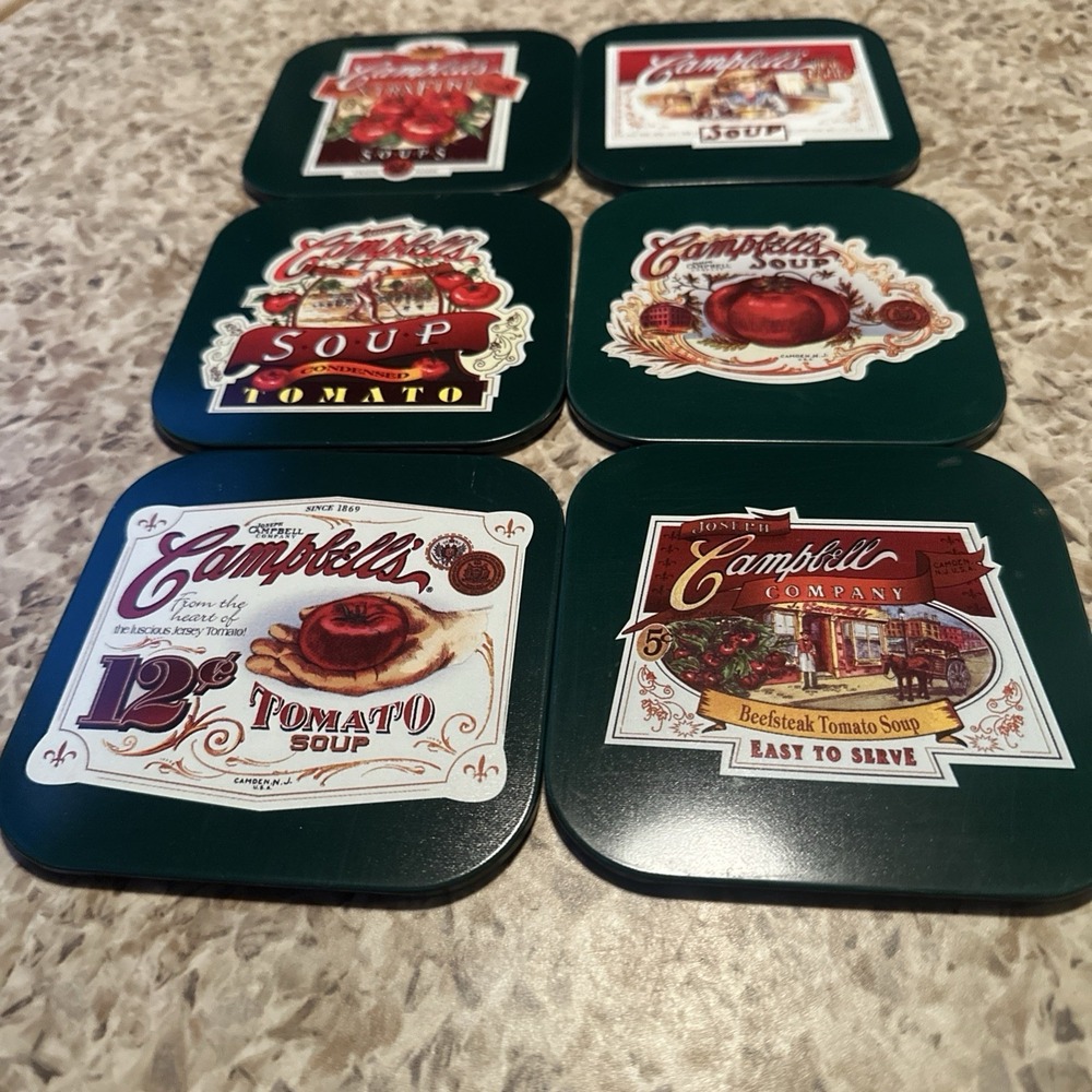 Vintage set of 6 Coasters Campbells Soup Metal Felt Back Green Square
